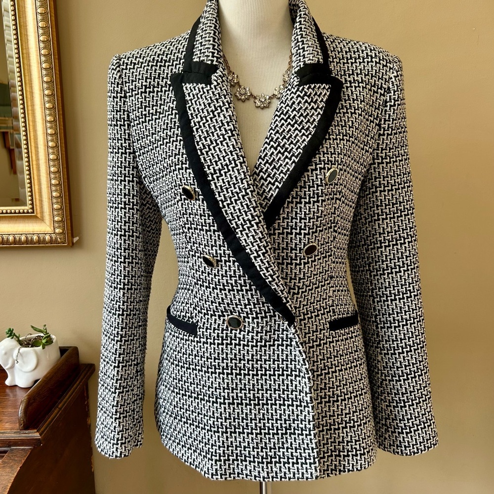 ZARA Structured Double Breasted Blazer Black White Tweed Blogger’s Favorite XL - Picture 3 of 16